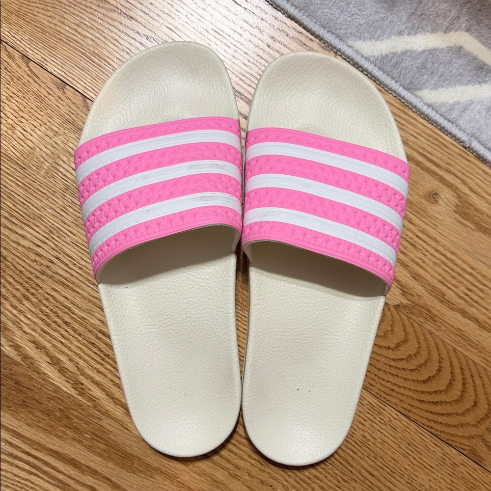 Adidas Pink and White Slide Sandals